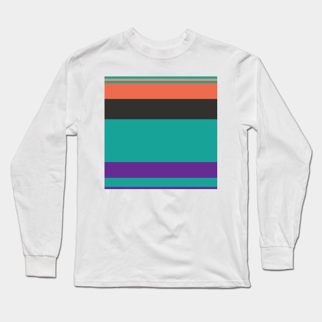 A remarkable medley of Light Red Ochre, Faded Orange, Christmas Purple, Persian Green and Dark Grey stripes. Long Sleeve T-Shirt by Sociable Stripes